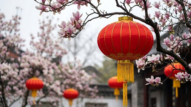 Red traditional lantern hangs from blooming magnolia tree with soft bokeh background creating festive atmosphere for Chinese new year 2027 celebration period