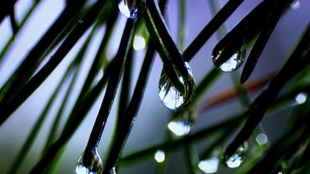 Macro close-up of water droplets on pine needles after rain