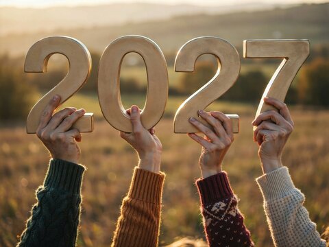 Four people wearing cozy sweaters hold up large golden numbers spelling the year 2027 against a warm, sunlit rural field during golden hour, representing future anticipation
