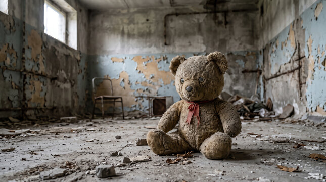 Old worn teddy bear left behind in an abandoned decaying room