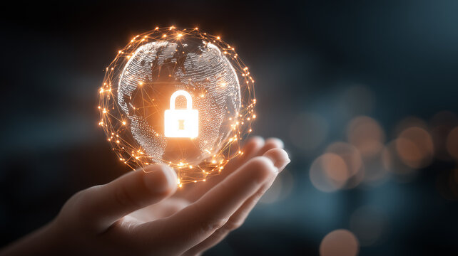 A hand holds a locked digital globe representing global cybersecurity and secure data protection.

