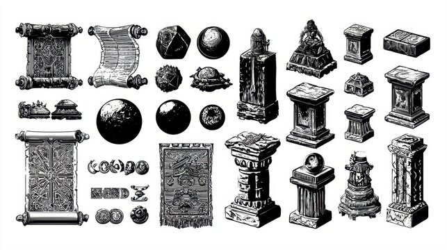 hand drawn vintage fantasy game asset set with ancient scrolls stone pedestals magic orbs and columns black ink engraving style elements for tabletop rpg board games and graphic design icons isolated