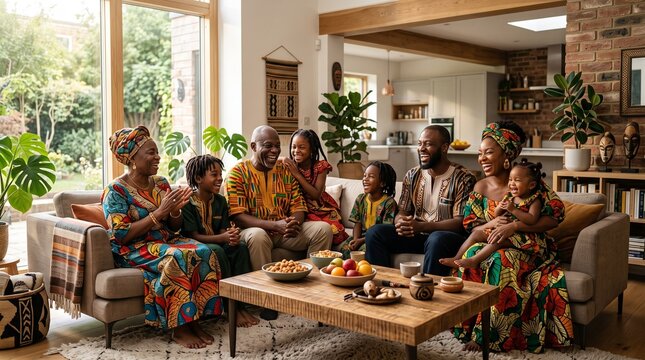 Multi-generational African family celebrating cultural heritage in a modern home living room