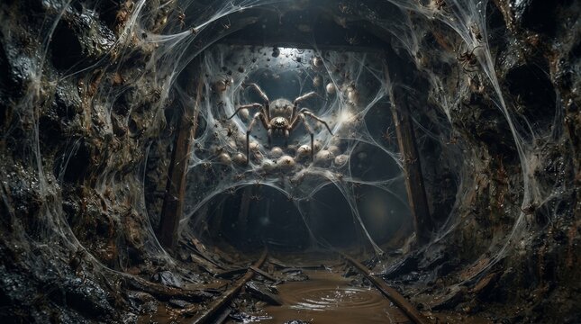 mina abandonada con un nido de ara&ntilde;a gigante llenas de huevos de ara&ntilde;a.