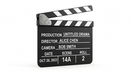 Fototapeta premium Black film clapperboard with white text details isolated on clean white background with displays black entertainment production technology with recording
