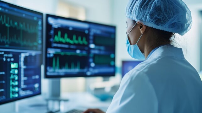 Healthcare Specialist Monitoring Wearable Biosensor Data Prev Biomedical Innovation Display, advanced medical technology, AI diagnostic innovation, connected digital healthcare