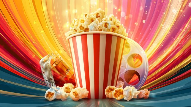 International Popcorn Day vector banner featuring a classic cinema popcorn bucket, film reel elements, colorful striped background, and festive movie-themed decorations.