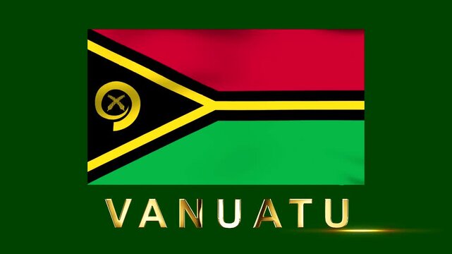 National flag of the Republic of Vanuatu with golden text on dark green background