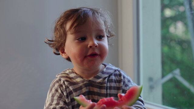 Toddler eating watermelon slice by window at home, healthy childhood nutrition moment highlighting curiosity, wellbeing, natural eating habits and sensory exploration