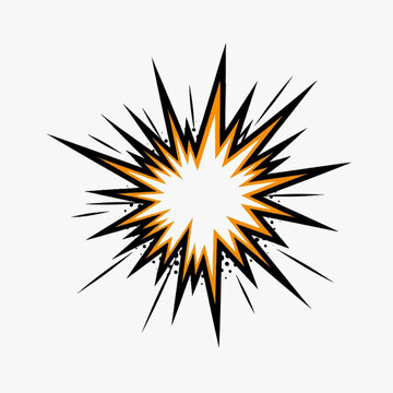 Comic book style explosion burst vector illustration with orange and black jagged edges, white central starburst effect, and decorative black spray dots on a plain white background.