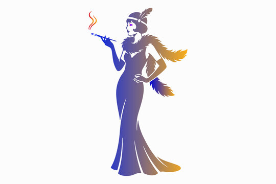 Elegant flapper woman embodying the sophisticated charm and rebellious spirit of the 1920s Jazz Age, presented in a vibrant, stylized gradient illustration