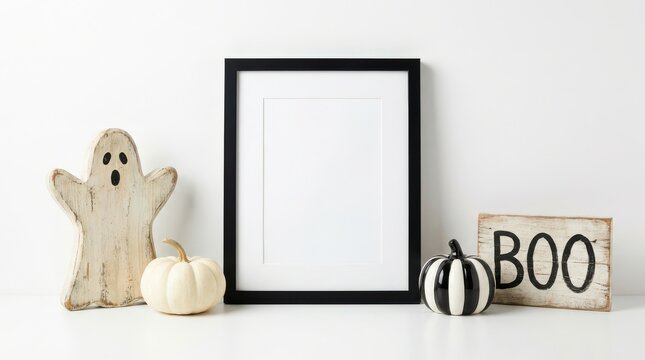 Blank black picture frame with Halloween decor mockup