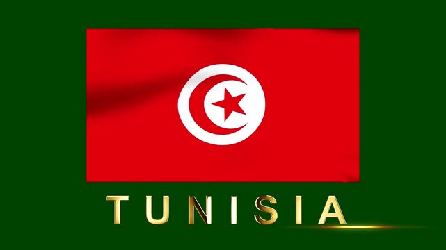 National flag of Tunisia with the country name written in golden letters on a dark green background