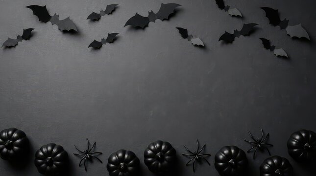 Halloween background with paper bats and black pumpkins