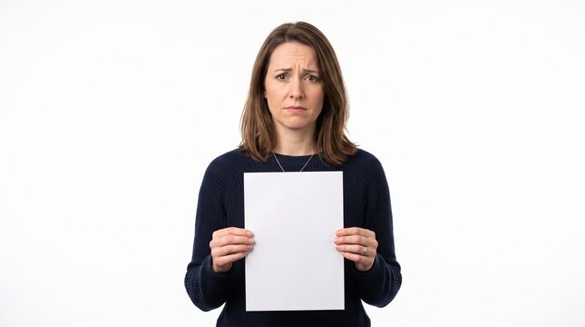 Woman with worried expression holding blank white paper against a white background