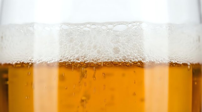 Golden beer with thick white foam head and condensation droplets