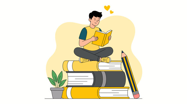 Reader sitting cross legged on large books reading attentively with a pencil and potted plant.
