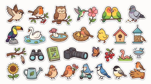 Collection of colorful bird and nature themed vector illustrations on a white background avian birds birdlife feathered plumage ornithology robin sparrow