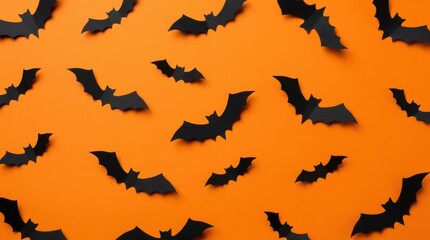 Fototapeta premium Black paper bat cutouts on bright orange background Halloween decoration