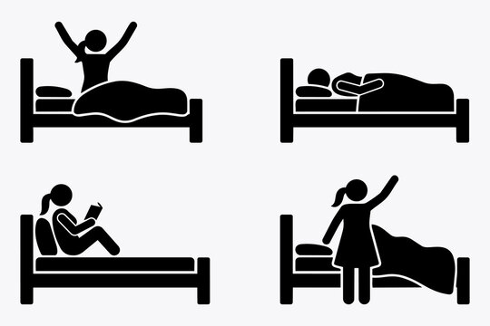 Vector icons set of a woman in bed doing daily routine activities such as waking up, sleeping, reading, and getting up
