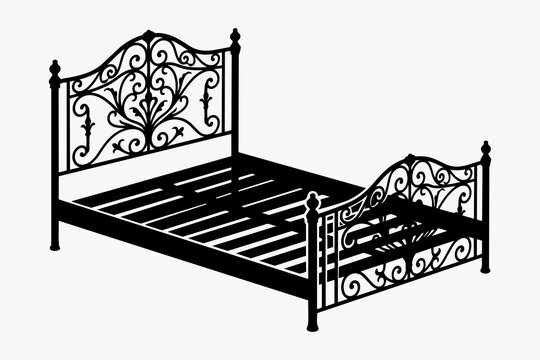 Ornate wrought iron bed frame with a decorative headboard and footboard, highlighting classic design elements