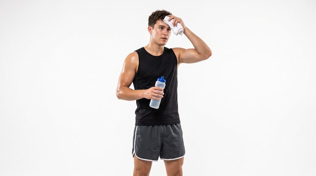 Fit young man wiping sweat from forehead holding water bottle after workout isolated on white background