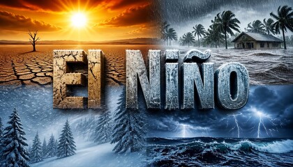 Fototapeta premium El Niño Extreme Weather Concept with Drought, Flood, Snow, and Rain