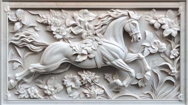 White marble bas-relief carving of a galloping horse amidst floral designs.