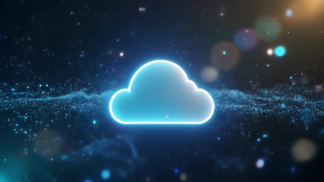 Glowing Neon Cloud Icon Floating in a Cosmic Digital Nebula with Particles and Bokeh Lights image photo