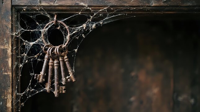 Spiderweb with dew drops and old keys in weathered wooden frame