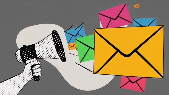 Hand holding megaphone broadcasting colorful envelopes against abstract background communication message