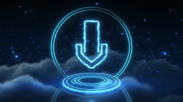 Neon blue downward arrow on a podium with glowing circular rings against a cosmic background download