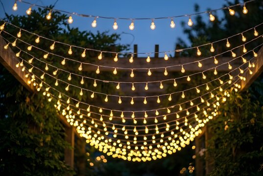 Outdoor string lights hanging on garden pergola at night. Warm glowing patio lights for backyard event. Decorative fairy lights for wedding party.