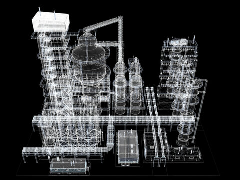 Oil and gas refining plant isolated on white background, industrial facility 3D rendering