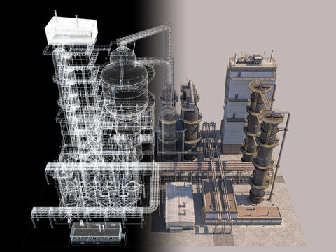 Oil and gas refining plant isolated on white background, industrial facility 3D rendering