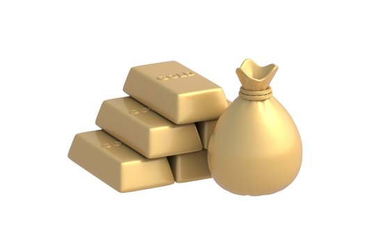 Absolute affluence. Diversification of organizations endowment. Protection of escrow accounts. Calculating revenue from seigniorage. Gold bars near money bag isolated on white background. 3d render