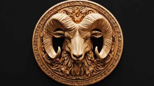 Carved ram head medallion on dark background. Use Decor, wall art, advertisement