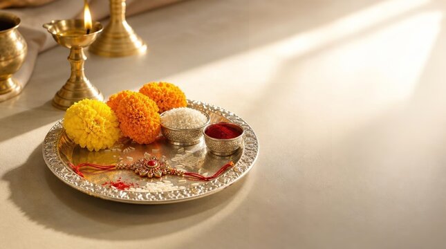 Raksha Bandhan Puja Thali with Rakhi and Marigold Flowers