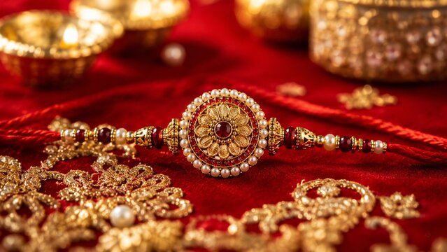 Elegant Red and Gold Rakhi with Pearl Details