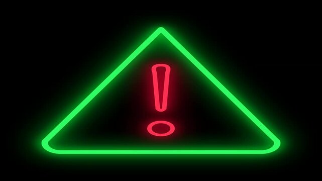 Glowing Green Neon Warning Triangle Sign with Red Exclamation Mark Loop on Black Background