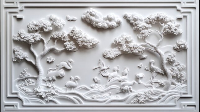 Carved relief, landscape scene, nature art, decor, wall panel