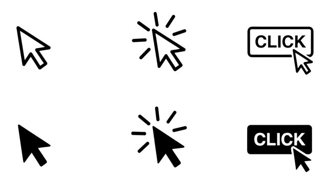 Black and white computer mouse cursor pointers, click buttons, and selection