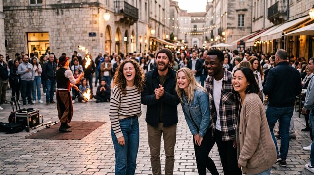 Diverse group of friends laughing while watching a street performer juggle fire in a European city square at dusk