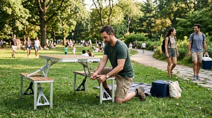 Fototapeta premium Man setting up portable picnic table and benches in a sunny park with people enjoying leisure activities in the background