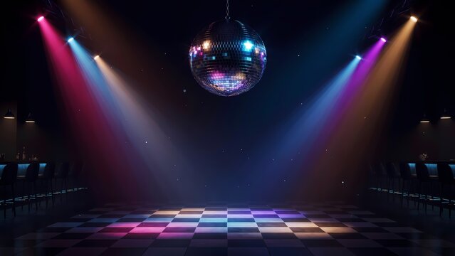 A glamorous retro disco dance floor featuring a large sparkling mirror ball hanging from the ceiling, illuminated by colorful theatrical spotlights casting pink, blue, and orange beams across the room
