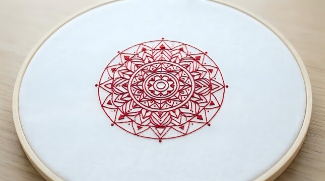 Red mandala embroidery design on white fabric in wooden hoop