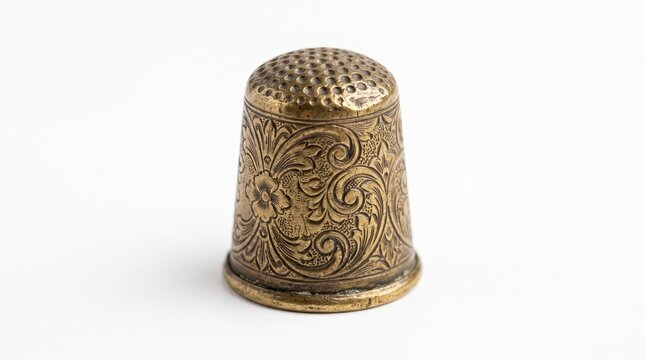 Antique ornate brass thimble with floral engravings and dimpled top for sewing