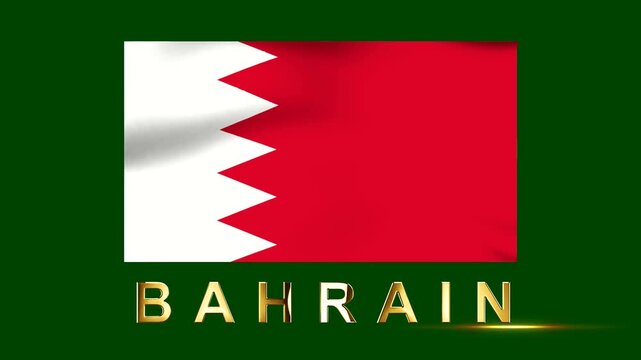 Waving flag of Bahrain with golden text isolated on a solid green background