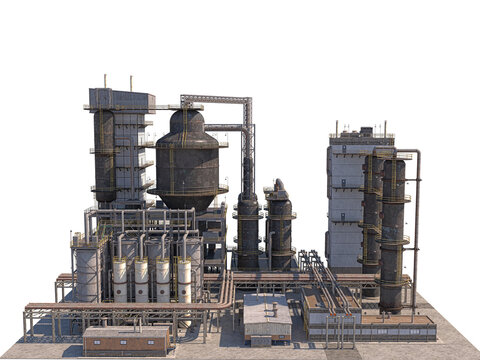 Oil and gas refining plant isolated on white background, industrial facility 3D rendering