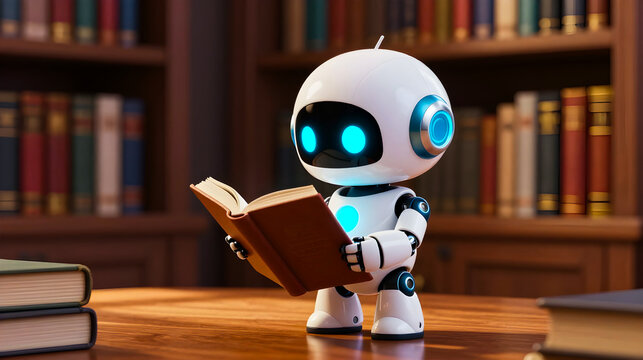 Cute white robot reading book in library. 3D render of artificial intelligence studying. Machine learning concept. Smart assistant holding open book. Education technology. Robot with blue